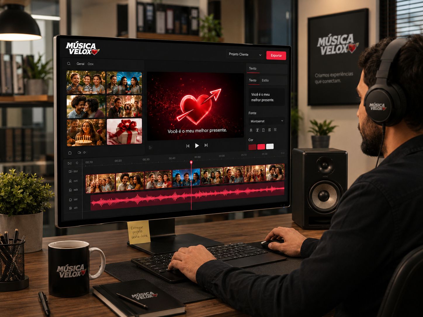 Equipe da Música Velox criando o vídeo personalizado